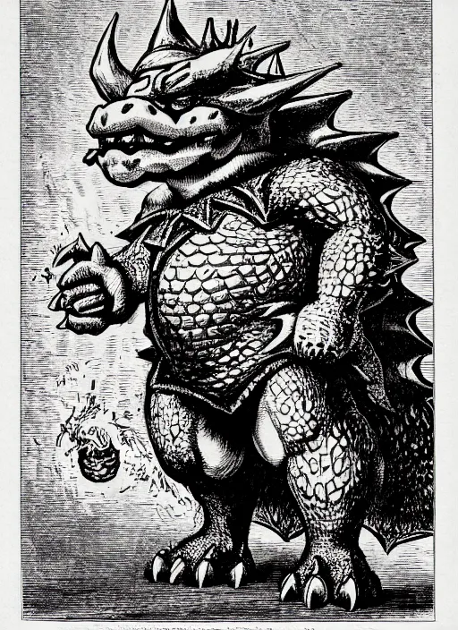 Prompt: illustration of bowser the king koopa as a demon from the dictionarre infernal, etching by louis le breton, 1 8 6 9, 1 2 0 0 dpi scan, ultrasharp detail, clean scan