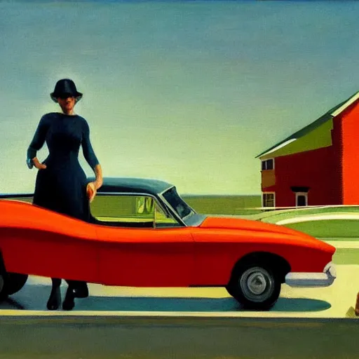 Prompt: Portrait with car, dated a woman that lived on Cooterneck Road, She had a catfish Camero and was cooler than me, by Edward Hopper and Bo Bartlett