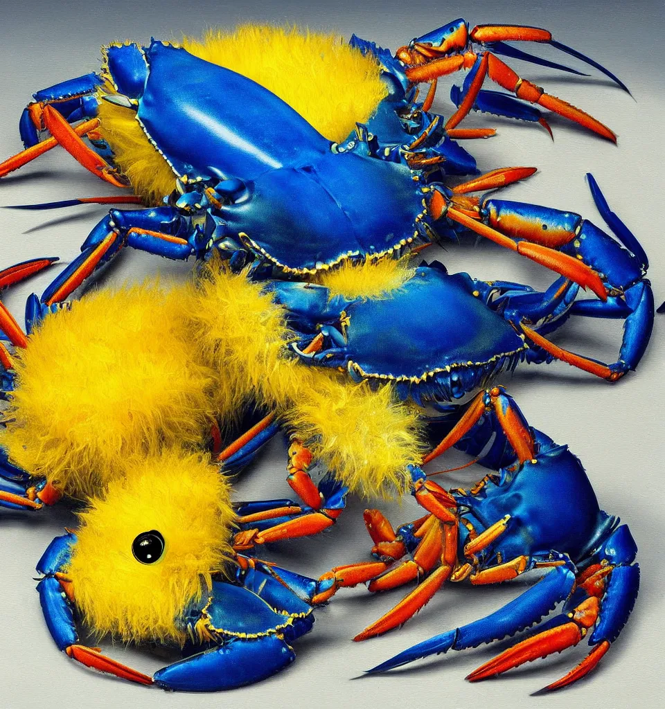 Prompt: still life painting of a blue fat fish crab lobster dancing with a yellow laughing duck rabbit on a white table, high contrast lighting, impressionism, real fur, real feather