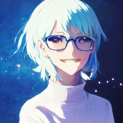 Prompt: anime cute girl in blue sweater white white hair black glasses blushing smile kind standing psychedelic background by greg rutkowski makoto shinkai kyoto animation key art feminine mid shot wlop madhouse, ufotable, comixwave films, trending on artstation