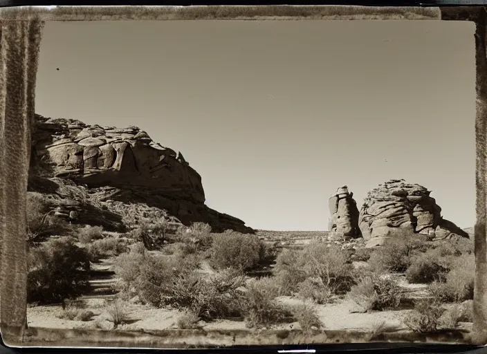 Prompt: Photograph of a chimney rock piercing through lush desert vegetation and boulders with distant mesas in the background, albumen silver print, Smithsonian American Art Museum