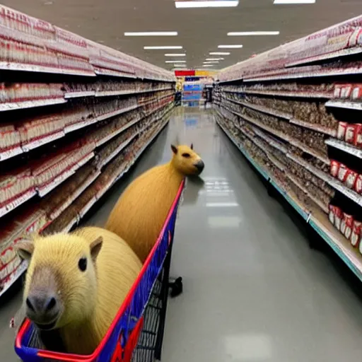 Prompt: target aisle with a flood of capybaras