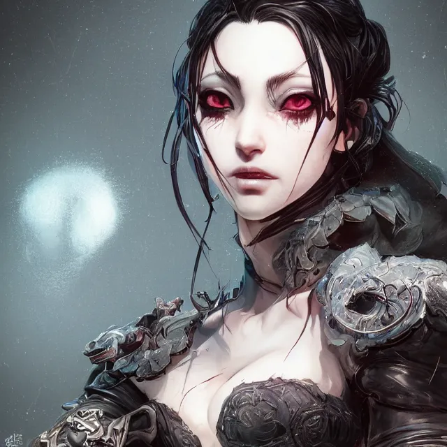 Prompt: the portrait of the neutral evil fallen female dark knight vagabond as absurdly beautiful, gorgeous, elegant, sophisticated, young idol, an ultrafine hyperdetailed illustration by kim jung gi, irakli nadar, intricate linework, bright colors, octopath traveler, final fantasy, unreal engine highly rendered, global illumination, radiant light, detailed and intricate environment