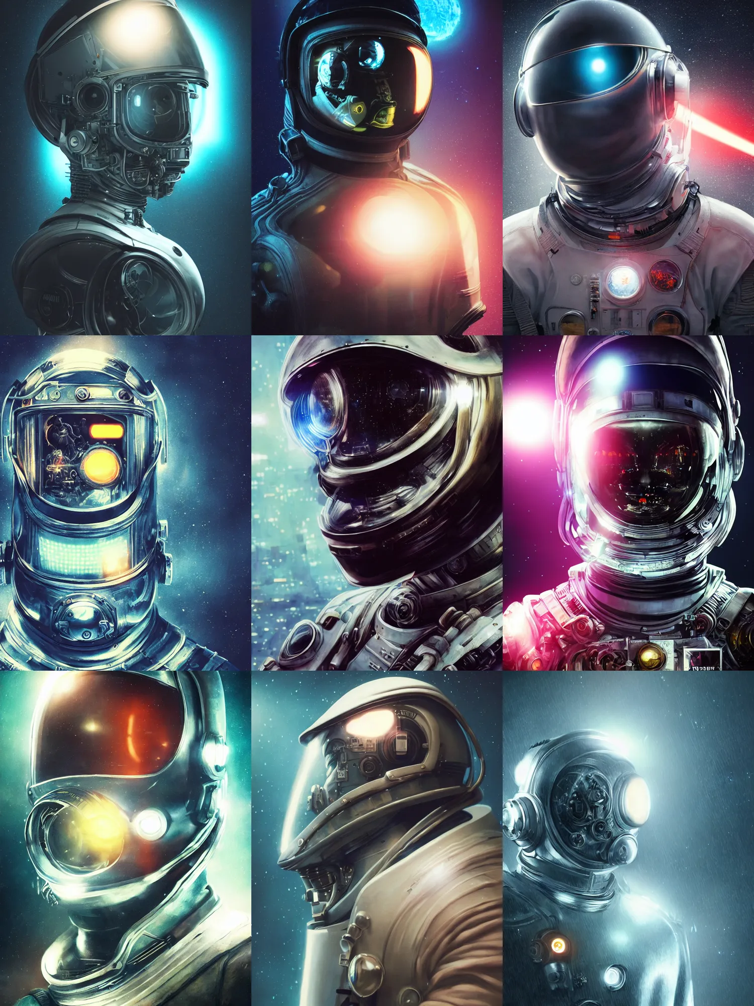 Prompt: portrait art of 8 k ultra realistic retro futuristic astronaut helmet, lens flare, atmosphere, glow, detailed, intricate, blade runner, cybernetic, full of colour, cinematic lighting, trending on artstation, 4 k, hyperrealistic, focused, extreme details, unreal engine 5, cinematic, masterpiece, art by ayami kojima, giger