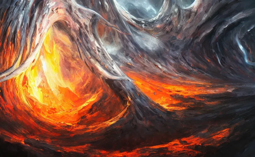 Image similar to an abstract oil painting of Balrog of Moria; swirling sheets of light and fire; hyper-detailed; an extraordinary masterpiece!!!; flawless; trending on artstation