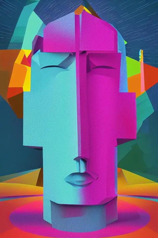 Image similar to cubist moai statue cutout digital illustration cartoon colorful beeple