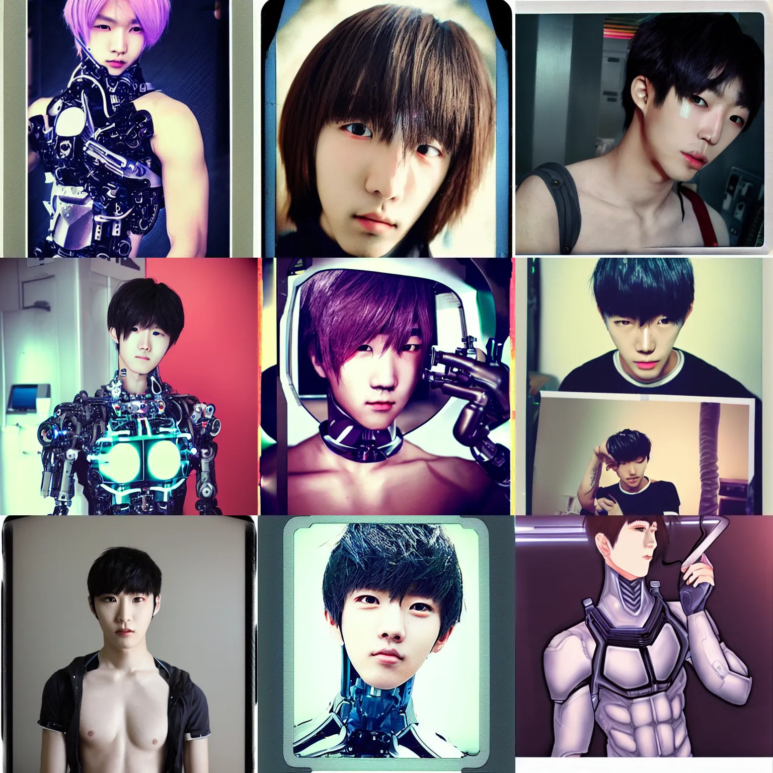 Prompt: male ulzzang cyborg, cybernetic enhancements, polaroid