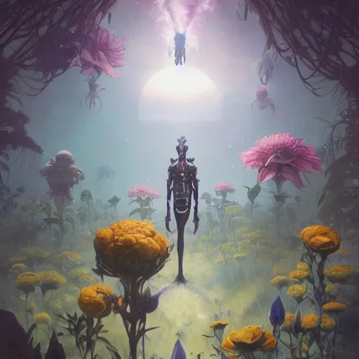 Image similar to exquisite flowers, imaginative alien creature poster art, humanoid, anthro, botanical illustration 8 k, octane render by lucusfilm weta studio tom bagshaw james jean frank frazetta, james gurney martine johanna and simon stalenhag and chie yoshii and casey weldon