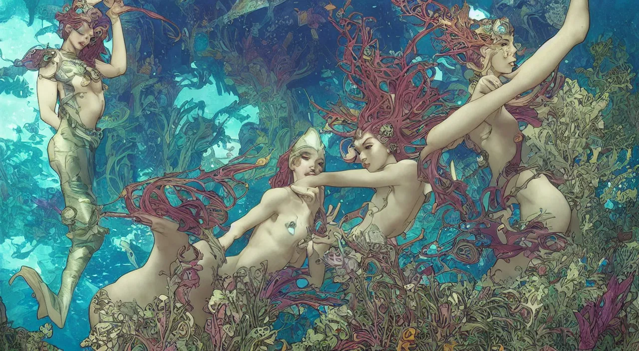 Image similar to Merfolk in the Lost City of Atlantis, very colourful, underwater, highly detailed, artstation, intricate, smooth, sharp focus, bright, happy, illustration, art by Artgerm and Greg Rutkowski and Alphonse Mucha and Yuumei, good clear quality, lighting, biology, symmetrical artwork, perfect face, 135 mm, cinematic, hyper realism, dark, moonlight, high detail, octane render, 8k, crimson highlights