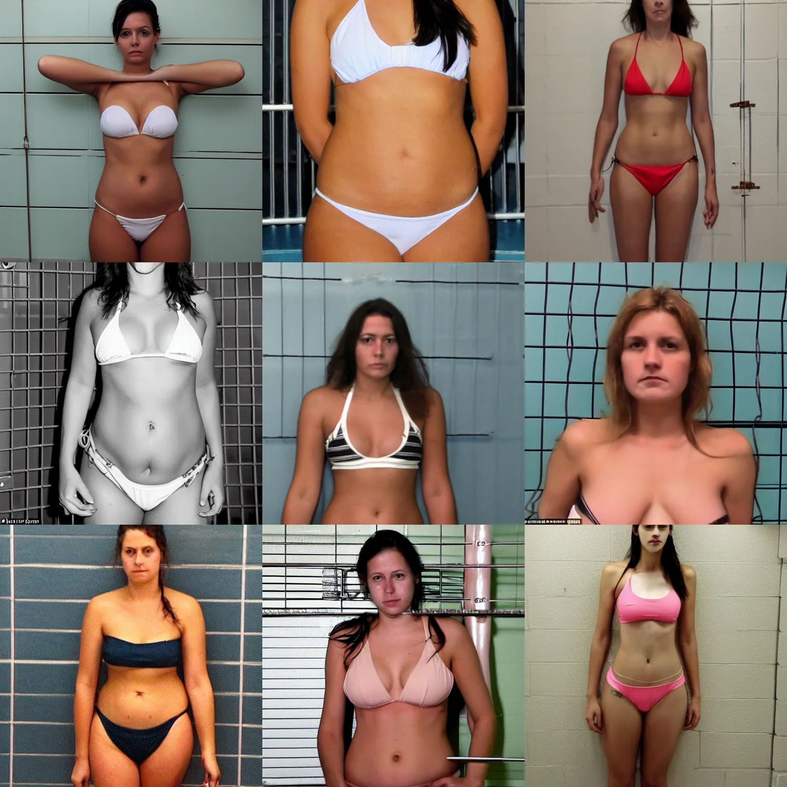 Prompt: a beautiful young and slim woman in bikini with big hips in a prison cell, the woman is behind bars, mug shot