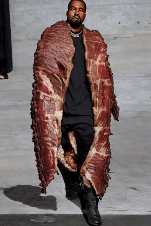 Image similar to kanye west wearing a suit made of steak, runway photo