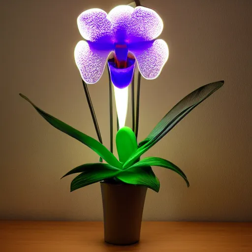 Image similar to a cybernetic, metallic, reflective orchid flower, LED lights, glowing