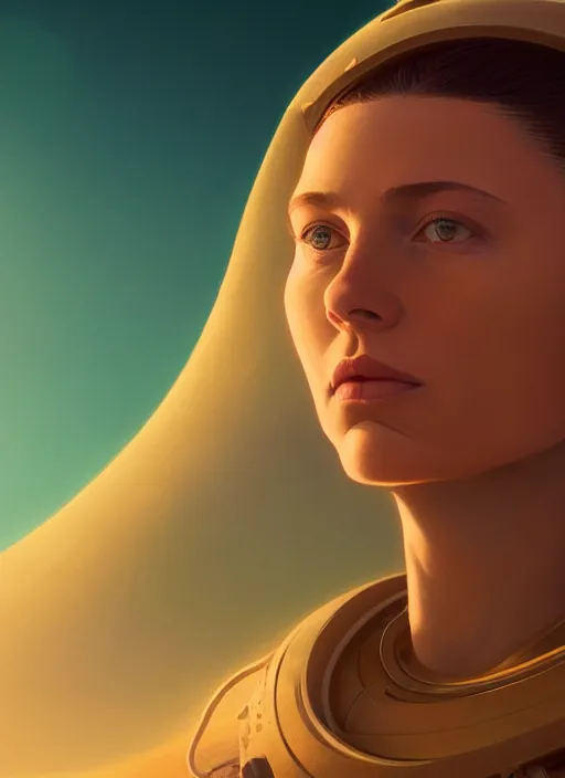 Prompt: highly detailed surreal vfx portrait of a female pilot, dune, analogous colors, stephen bliss, unreal engine, greg rutkowski, loish, rhads, beeple, makoto shinkai and lois van baarle, ilya kuvshinov, rossdraws, tom bagshaw, alphonse mucha, global illumination, detailed and intricate environment