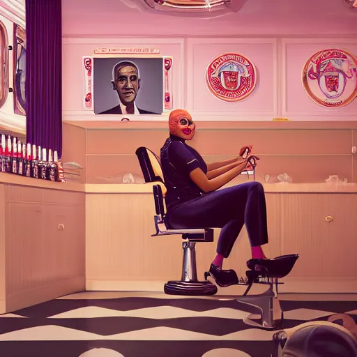 Prompt: illustration of nicki minaj sitting next to barack obama in a 6 0's vintage barbershop in queens, symmetrical, cinematic scene, brownish colors, hyper realistic, highly detailed faces, octane render, trending on artstation