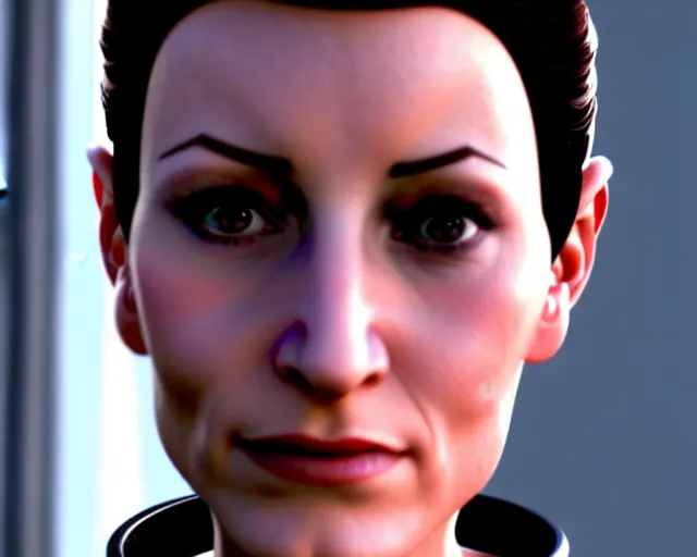 Prompt: hyper realistic photograph of the young bajoran kira nerys from star trek, three quarter shot, medium shot, f 1. 4, 3 5 mm, unreal engine