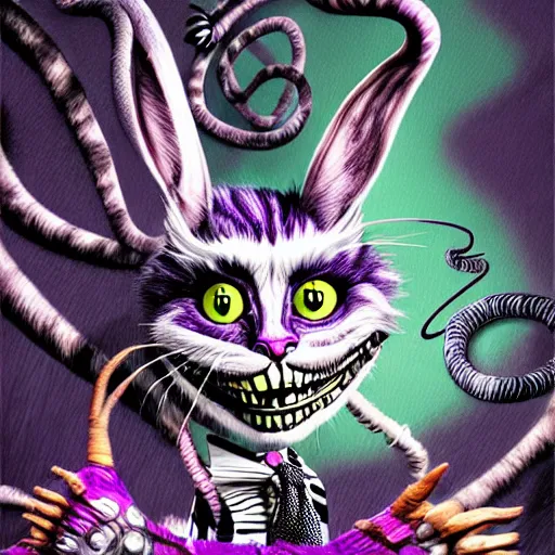 Image similar to graphic illustration, creative design, alice cooper as cheshire cat, biopunk, francis bacon, highly detailed, hunter s thompson, concept art