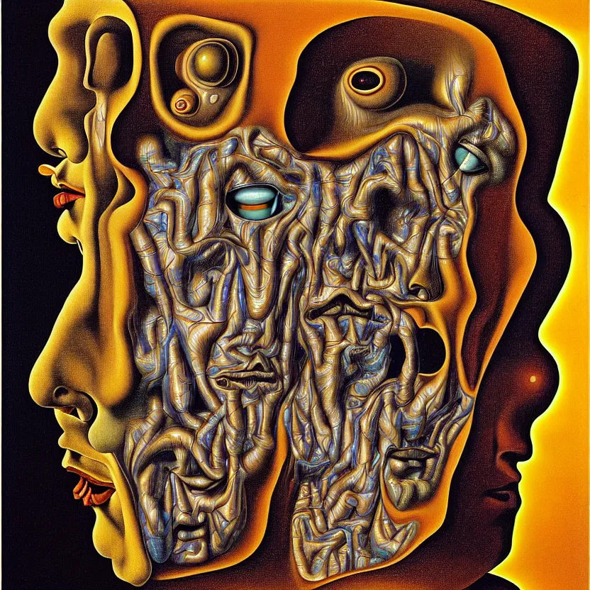 Image similar to a face coming out of a face coming out of a man's head, recursion, fractals, surreal, by salvador dali and mc escher and max ernst, oil on canvas, weird, dreams, fantasy, intricate details, soft lighting, warm colors