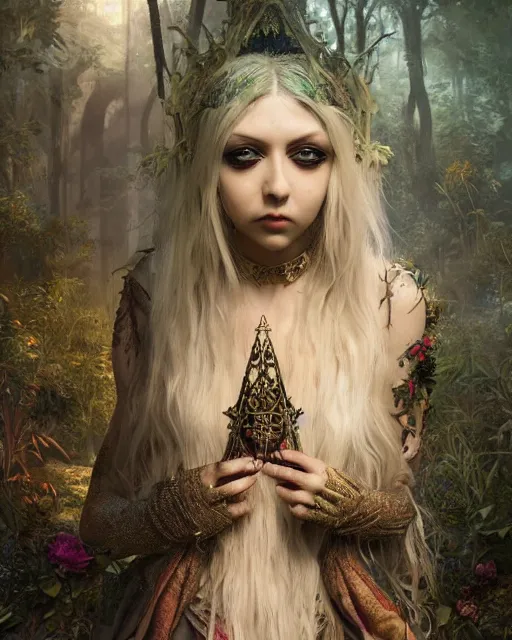 Image similar to Beautiful art portrait of taylor momsen as a fantasy priestess in a bright temple surrounded by lush forest, atmospheric lighting, intricate detail, cgsociety, hyperrealistic, octane render, RPG portrait, ambient light, dynamic lighting