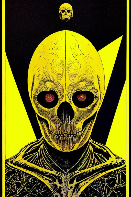 Image similar to portrait of black and yellow technicolor grainshading print, richard corben, wayne barlowe, moebius, heavy metal comic cover art, psychedelic triangular skeleton, very intricate, thick outline, full body, symmetrical face, long black crown, in a shapes background, galactic dark colors