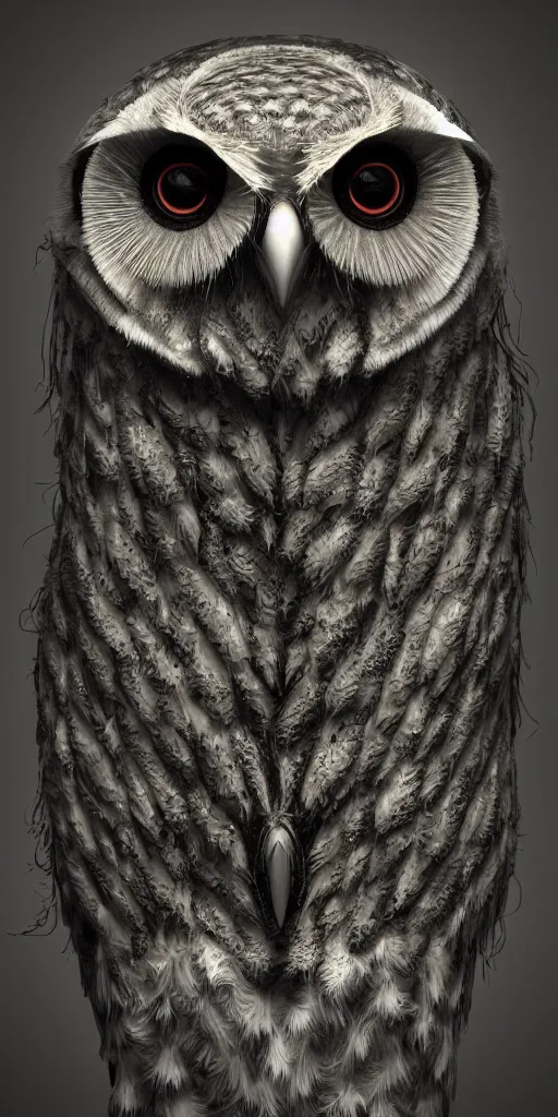 Image similar to an owl in the style of h. r giger, incredible art, character design, octane render,