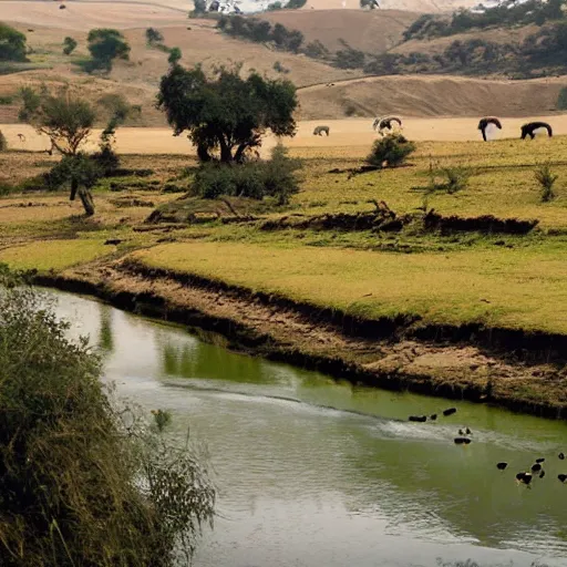 Image similar to landscape, river made of karak, with cows grazing