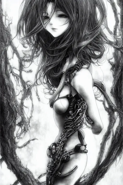 Image similar to a vertical portrait of a character in a scenic environment by Yoshitaka Amano, black and white, dreamy, cybernetic suit, wavy long black hair, highly detailed