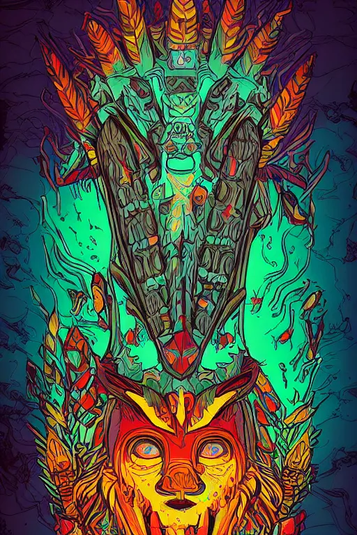 Image similar to totem animal tribal chaman vodoo mask feather gemstone plant wood rock video game illustration vivid color borderlands by josan gonzales and dan mumford radiating a glowing aura