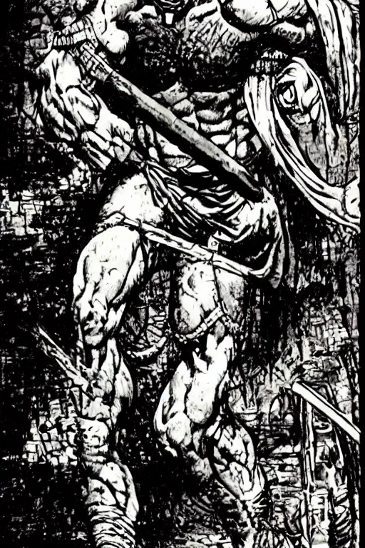 Image similar to ancient historically accurate depiction of the Bible Character Goliath of Gath, the Philistine warrior giant by frank miller