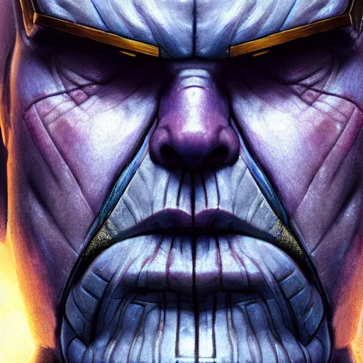 Image similar to close-up, symmetrical, portrait of Thanos, scowling, art by greg rutkowski, matte painting, trending on artstation