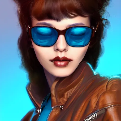 Prompt: closeup painting of a very beautiful young mexican cyberpunk woman smirking, wearing light blue shades and a leather jacket, one side haircut, long brown hair with light blue ends, portrait, hyperdetailed, artstation, cgsociety, 8 k