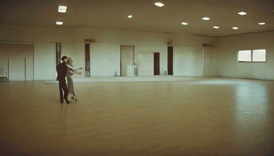 Image similar to 60s movie still of a sovietic stalinist style empty ballroom with 1 couple dancing, cinestill 800t 50mm eastmancolor, liminal Space style, heavy grain-s 150