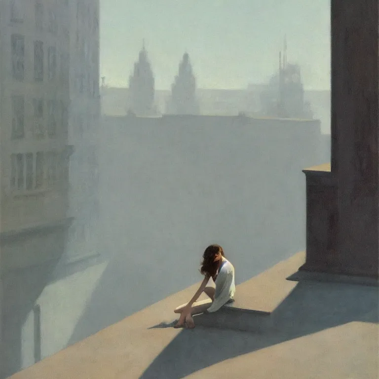 Image similar to woman sitting on a ledge, fog, early morning, , painted by Edward Hopper, Robert McGinnis, painted by Wayne Barlow, airbrush