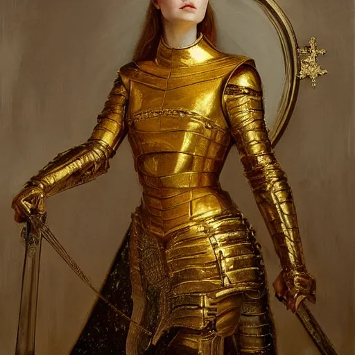 Prompt: Elle Fanning in a gold armor, religious masterpiece portrait, oil on canvas, occult night, in the world of Andrew Wyeth and Dark Souls, artstation, by J. C. Leyendecker and Peter Paul Rubens,