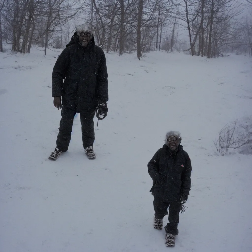 Image similar to photo, old black man wandering in the snow, moncler jacket, ski goggles, wild unkempt hair, mischevious grin, portrait, cold color temperature, snow storm. hazy atmosphere. humidity haze. kodak ektachrome, greenish expired film, award winning, low contrast