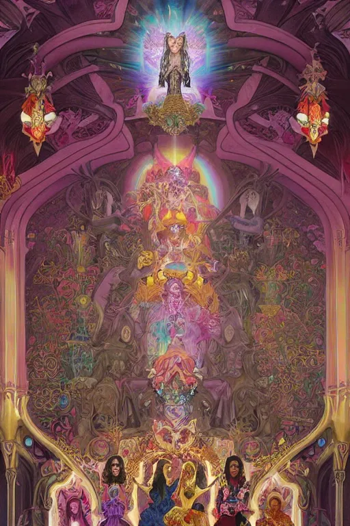 Prompt: an architectural rendering of the interior of the lisa frank church of satan, with leopard print tapestries and rainbow unicorn statuaries, gothic, highly detailed, digital painting, crown of skulls, artstation, smooth, sharp focus, illustration, art by artgerm and greg rutkowski and alphonse mucha and william - adolphe bouguereau