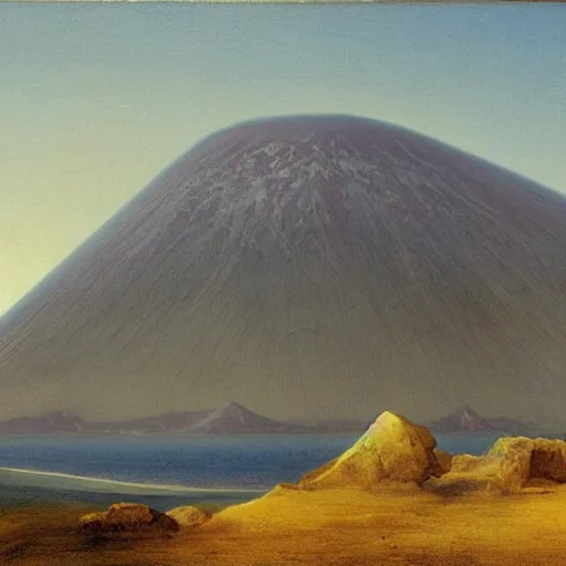 Prompt: tall crystal cliff with active volcano by william stanley haseltine