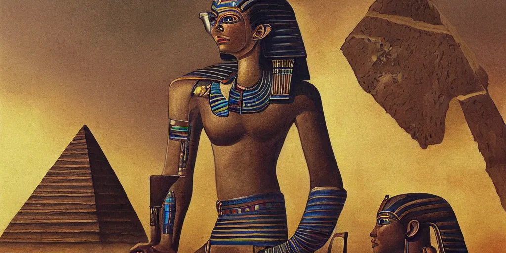 Image similar to extremely detailed painting of a prehistoric android working on an egyptian pyramid, daylight, sunny