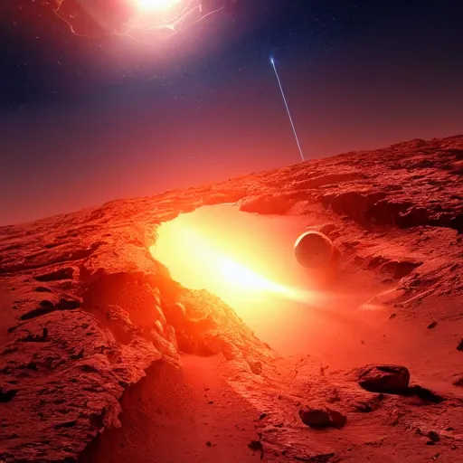 Image similar to earth crashing into mars, space, stars, solar system, destruction, explosions, crumbling worlds, 8k, cinematic, super realistic, wow,