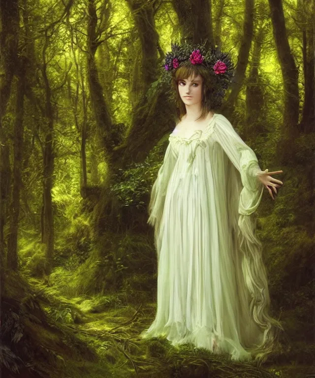 Image similar to young beautiful fey druid woman, full body portrait, white hair, flower crown, dark green robes, intricate, standing in a dark forest, sunbeams, in style of john everett millais