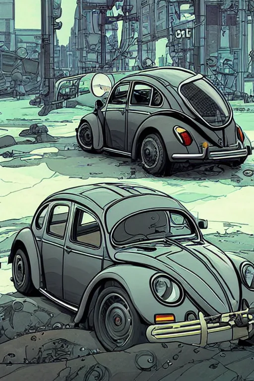 Image similar to Type 1 Beetle car designed by Aplle that looks like it is from Borderlands and by Feng Zhu and Loish and Laurie Greasley, Victo Ngai, Andreas Rocha, John Harris