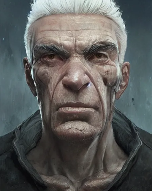 Image similar to old shaved man with white hair with a big scar on his blind left eye, very masculine, square jaw, hard edges, wrath, muscles, ethereal, science fiction, supervilain, fantasy art by greg rutkowski and magali villeneuve and claude monet