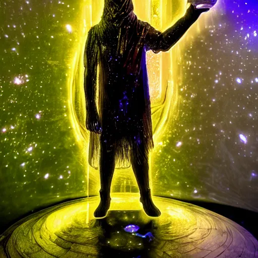 Image similar to A space wizard stand in front of giant, glowing crystal sits in the center of a dark room, Strange symbols line the walls, and a soft light glows from somewhere deep within the room, highly detailed, digital photo, HDRI, by christopher bretz and kael ngu, vivid colors, high contrast, 8k resolution, intricate, photorealistic, smooth, psychedelic color scheme, concept art, award winning, behance contest winner