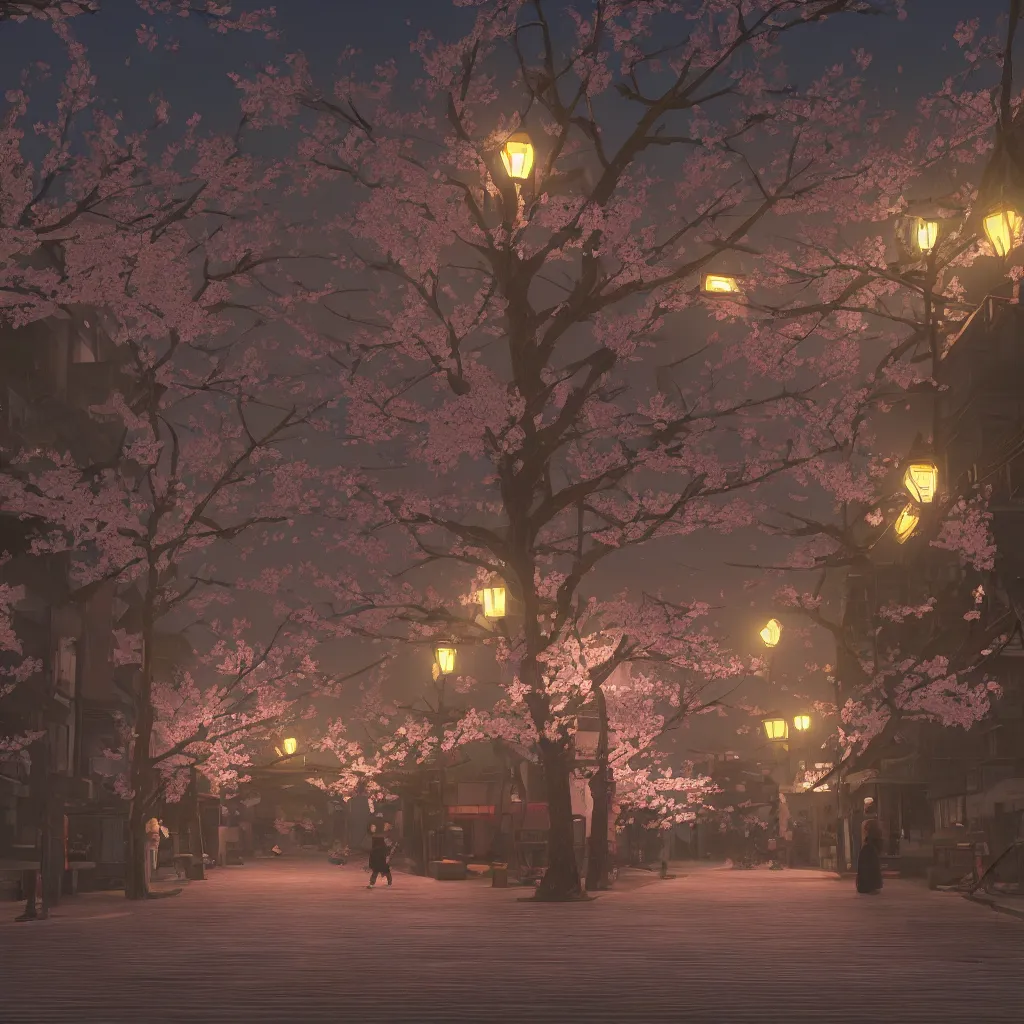 Image similar to Japanese street at night, cherry blossom petals, highly detailed, 3D render, digital art, artstation, 8K photography, matte photo-realistic, by Hayao Ghibli Miyazaki, breath of the wild style