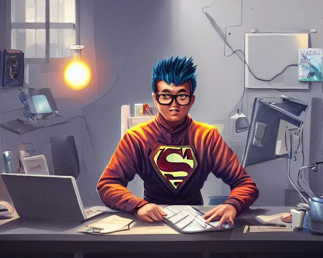 Image similar to an insanely detailed painting of a nerdy asian man wearing a superhero costume, sitting at a desk, staring at the nervously at the computer and typing, in the style of peter mohrbacher, dramatic lighting and composition, octane render, pixar, trending on artstation, concept art, comic book, view from behind