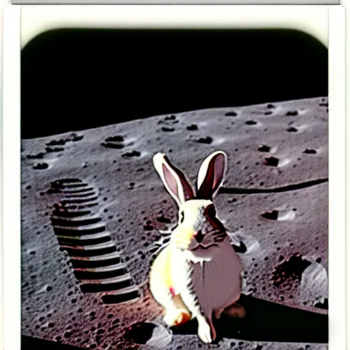 Image similar to wide shot, Polaroid photo of a bunny on the moon, high contrast, 8k, realistic, rich colors