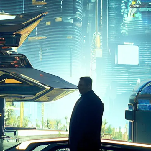 Image similar to a screenshot of Elon musk with cybernetic modifications in cyberpunk 2077 looking at his new starship taking off