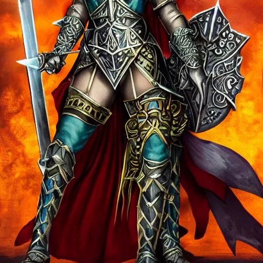 Image similar to a fantasy warrior woman with sword drawn and in hand, shield in the other hand in a heroic pose, beautiful exaggerated ornate armor with gem embedded in the center, cinematic, magical energy emanating from it, high resolution