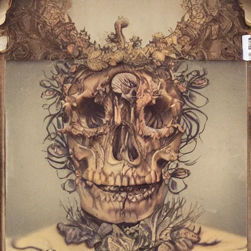 Image similar to a beautiful detailed front view baroque portrait of a rotten woman corpse becoming almost a skull with fractal plants and fractal flowers and mushrooms growing around, intricate, ornate, volumetric light, beautiful lit, polaroid photography