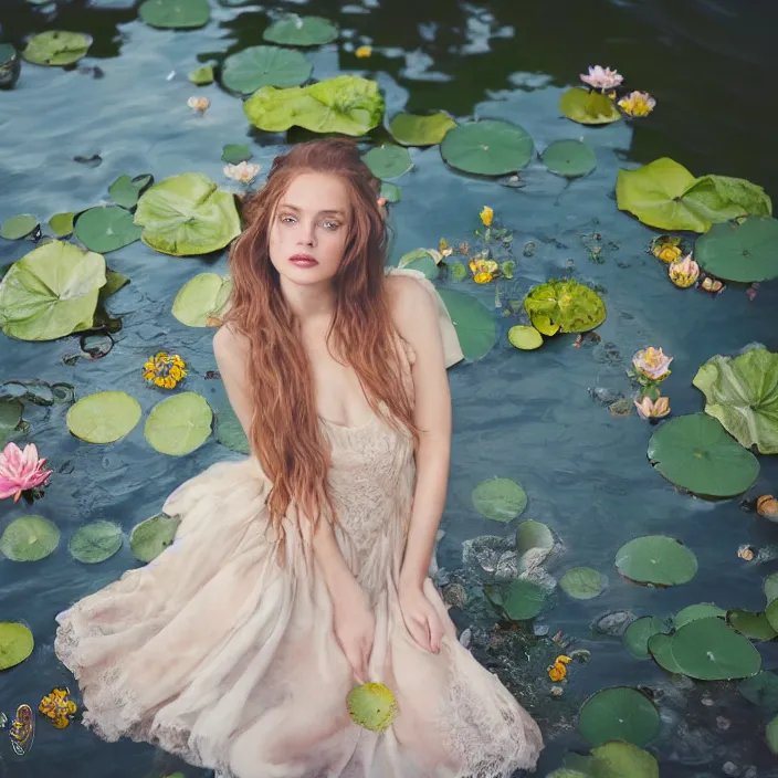 Image similar to Kodak Portra 400, 8K, soft light, volumetric lighting, highly detailed, britt marling style 3/4, photo close-up portrait of extreme beautiful girl floating in water surrounded by lily pads, half face in the water, a beautiful lace dress and hair are intricate with highly detailed realistic beautiful flowers , Realistic, Refined, Highly Detailed, natural outdoor soft pastel lighting colors scheme, outdoor fine art photography, Hyper realistic, photo realistic