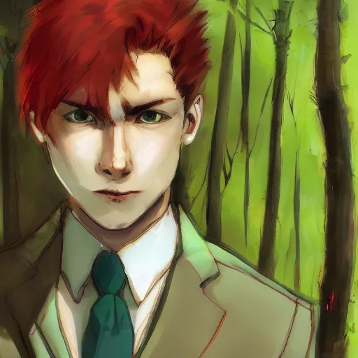 Image similar to stoic young man with red tipped hair that is otherwise green wearing a cream colored suit shedding a single tear standing before a lake in an autumnal forest, digital art, oil painting inspiration, yoji shinkawa inspiration, anime inspiration, artstation